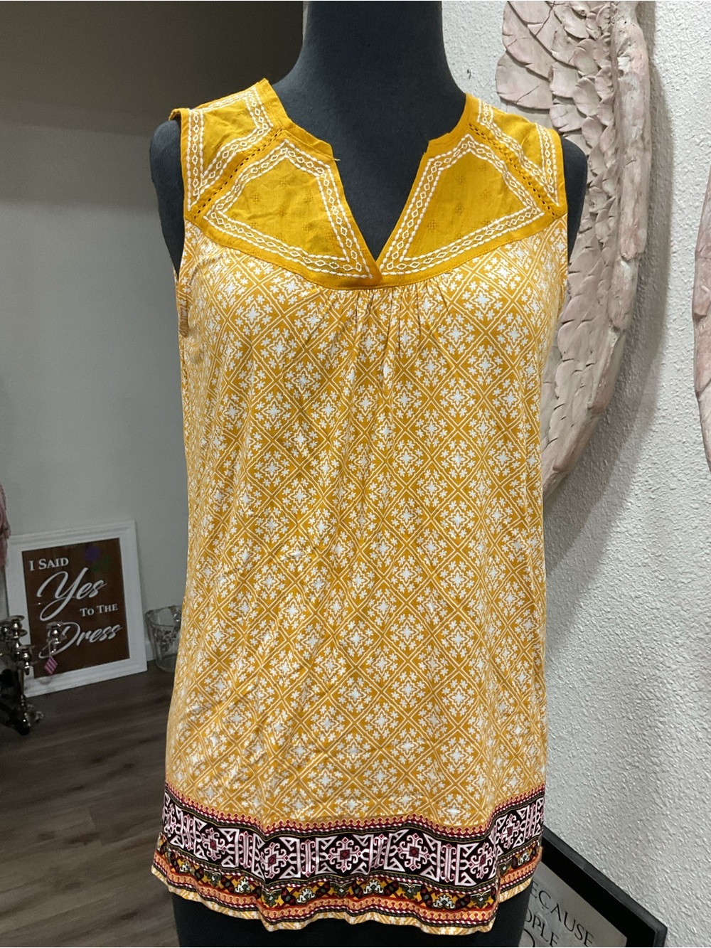 Mustard Yellow Elaine Page Printed Sleeveless Camisole with Embroidered Yoke